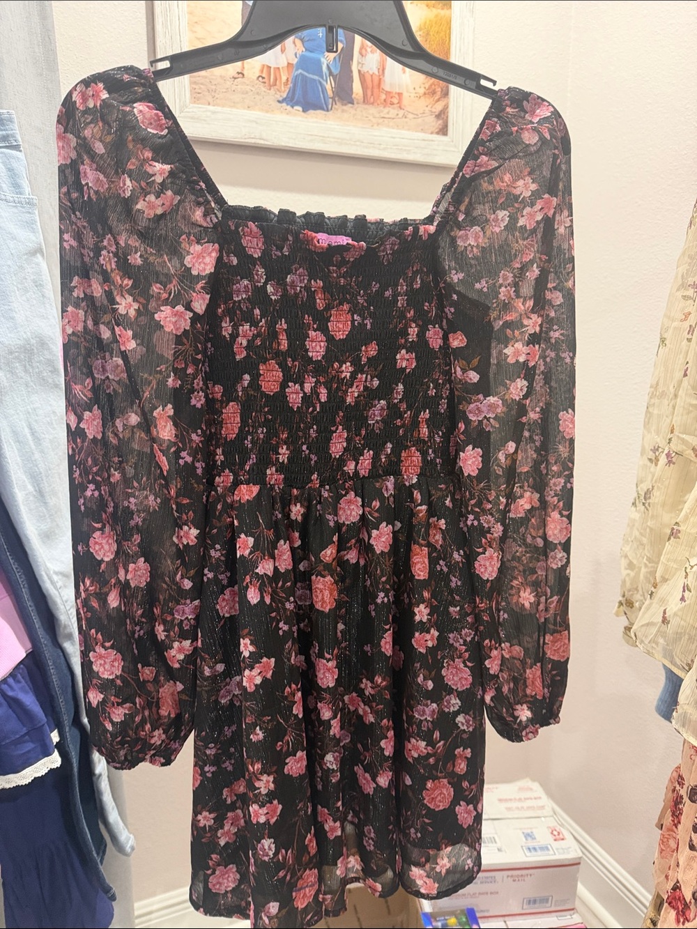 miami Black Floral Smocked Long-Sleeve Dress with Pink Roses